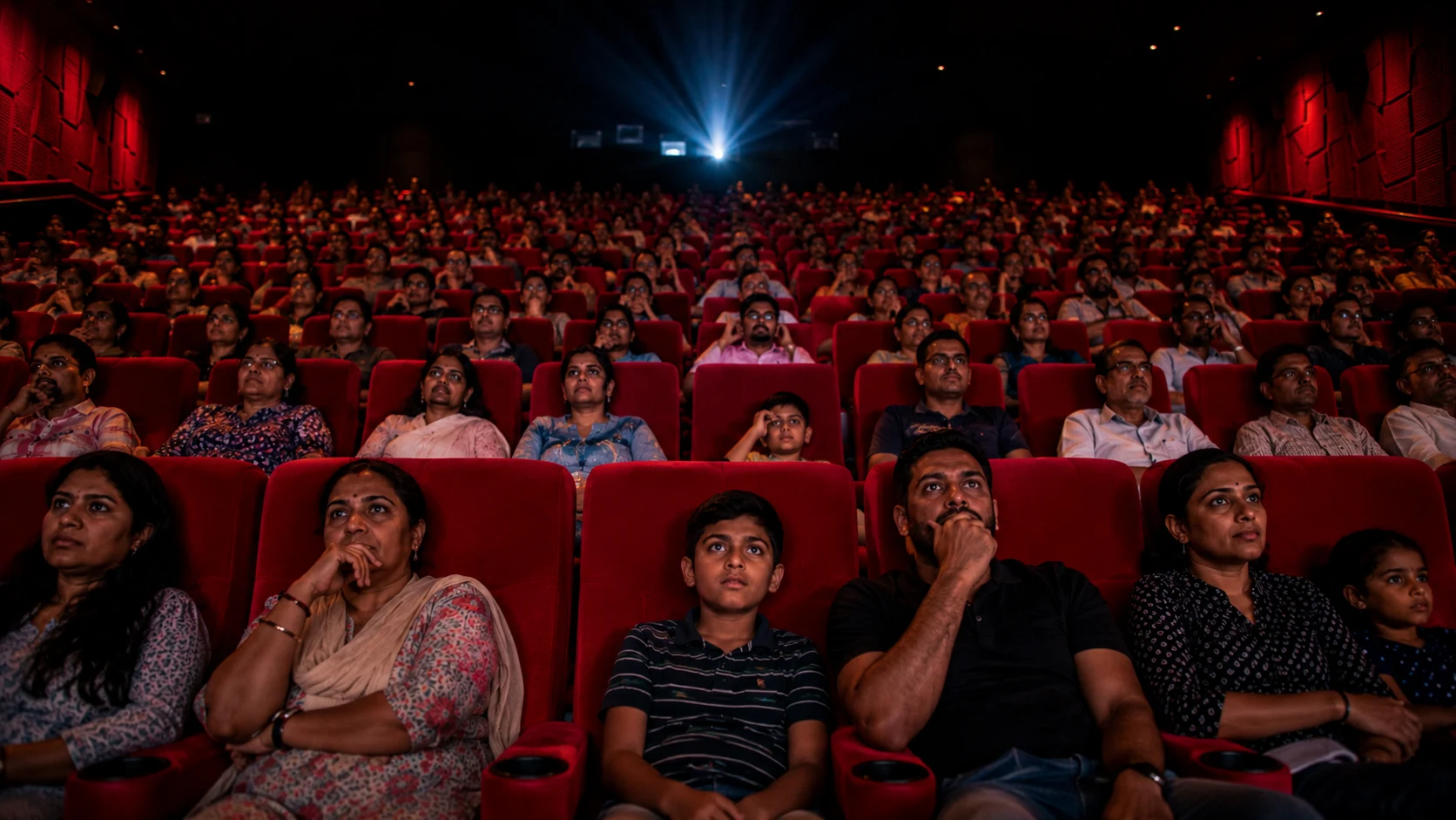 An Indian cinema audience absorbed in a film